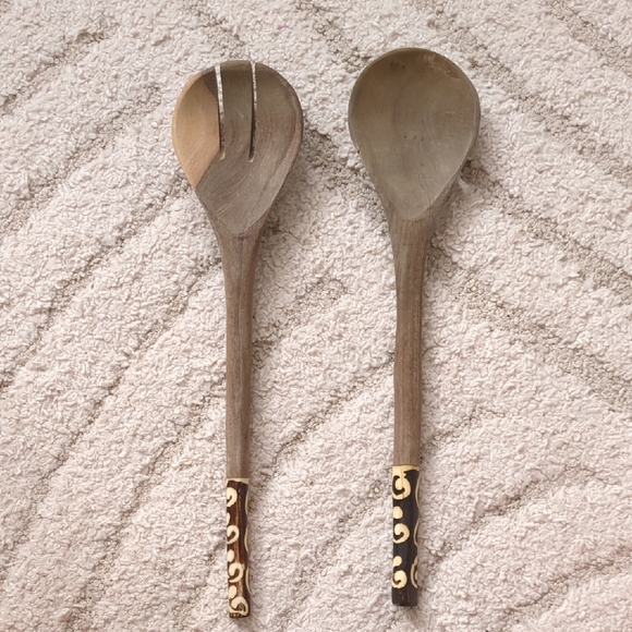 African Wooden Utensil Set w Decorative Handles - Salad Tongs And Bottle Opener - Picture 3 of 5